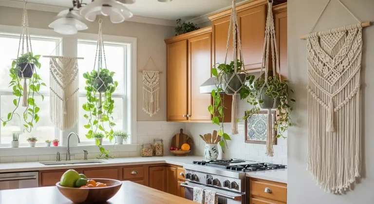 macramé and plants in boho kitchen