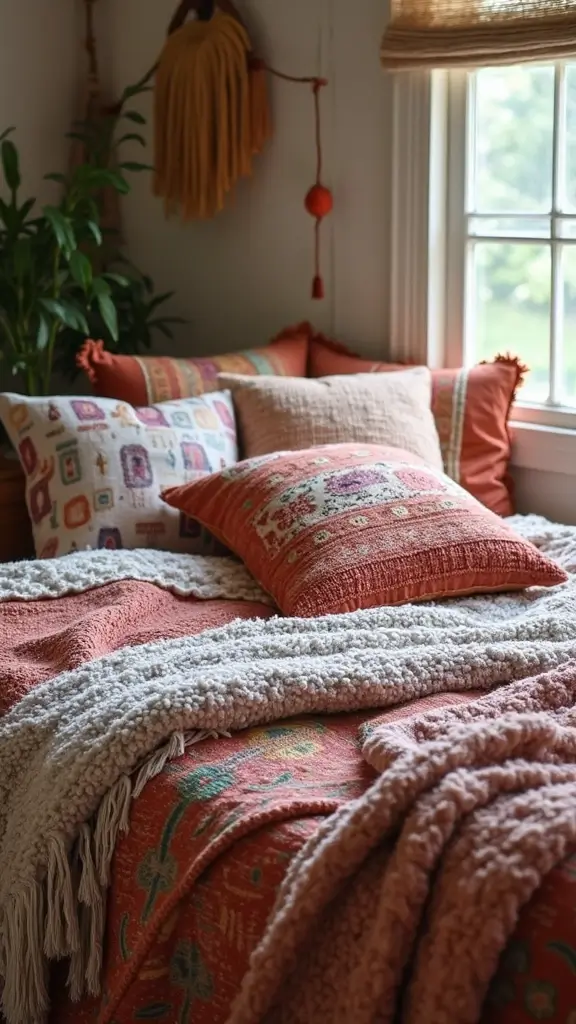 Colorful Boho Bedroom Ideas: 28 Playful Designs Bursting with Personality 13 Colorful Boho Bedroom Ideas: 28 Playful Designs Bursting with Personality - 11. Playful Throws and Pillows