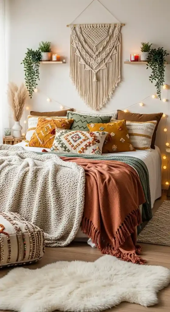 Cozy Boho Bedroom Ideas: 25 Warm and Inviting Styles You’ll Want to Copy 3 1. Layered Textiles for Comfort