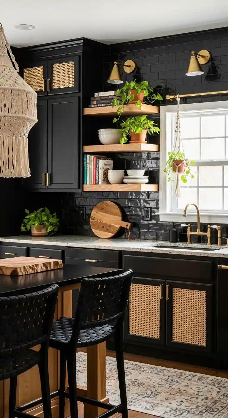 35 Boho Kitchen Black Cabinet Ideas to Elevate Your Space 12 10. Black Cabinets with Warm Wood Accents