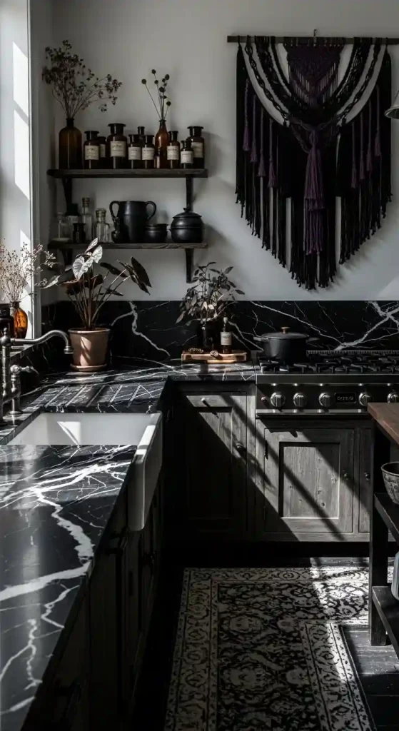 32 Stunning Boho Kitchen Goth Ideas for Dramatic Style 12 10. Shadowy Black Marble Countertops
