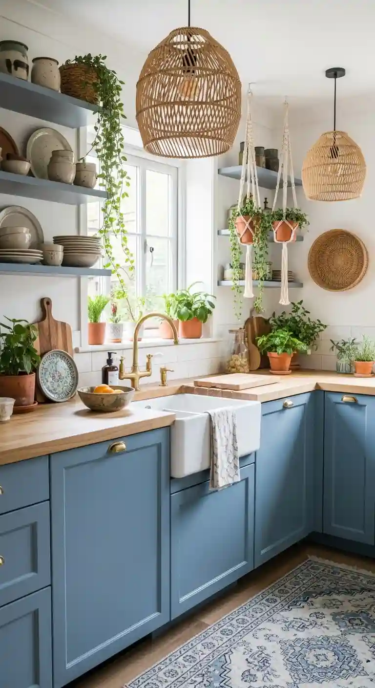 32 Boho Kitchen Blue Color Schemes for a Chic, Vibrant Look 12 10. Soft Blue Cabinets with Rattan Accents