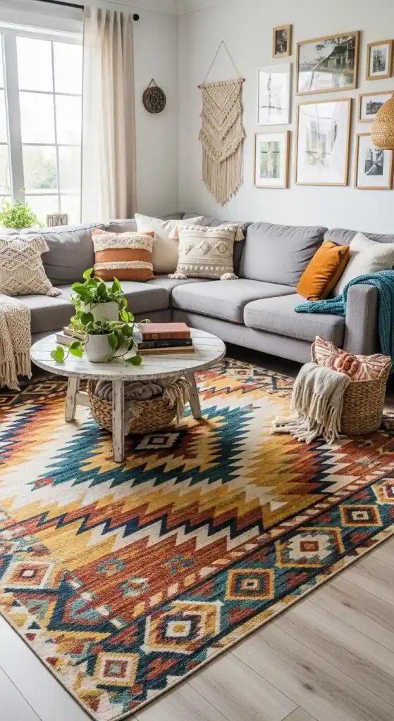 Chic Boho Living Room Rug Ideas for a Grey Couch – 35 Inspiring Looks 12 11. Aztec Print Rugs