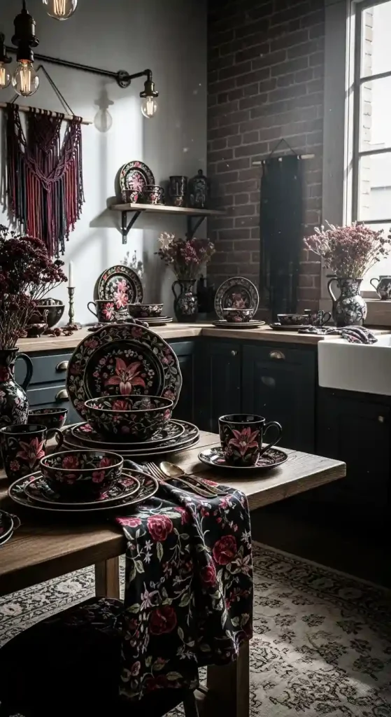 32 Stunning Boho Kitchen Goth Ideas for Dramatic Style 13 11. Dark Floral Ceramic Dishware