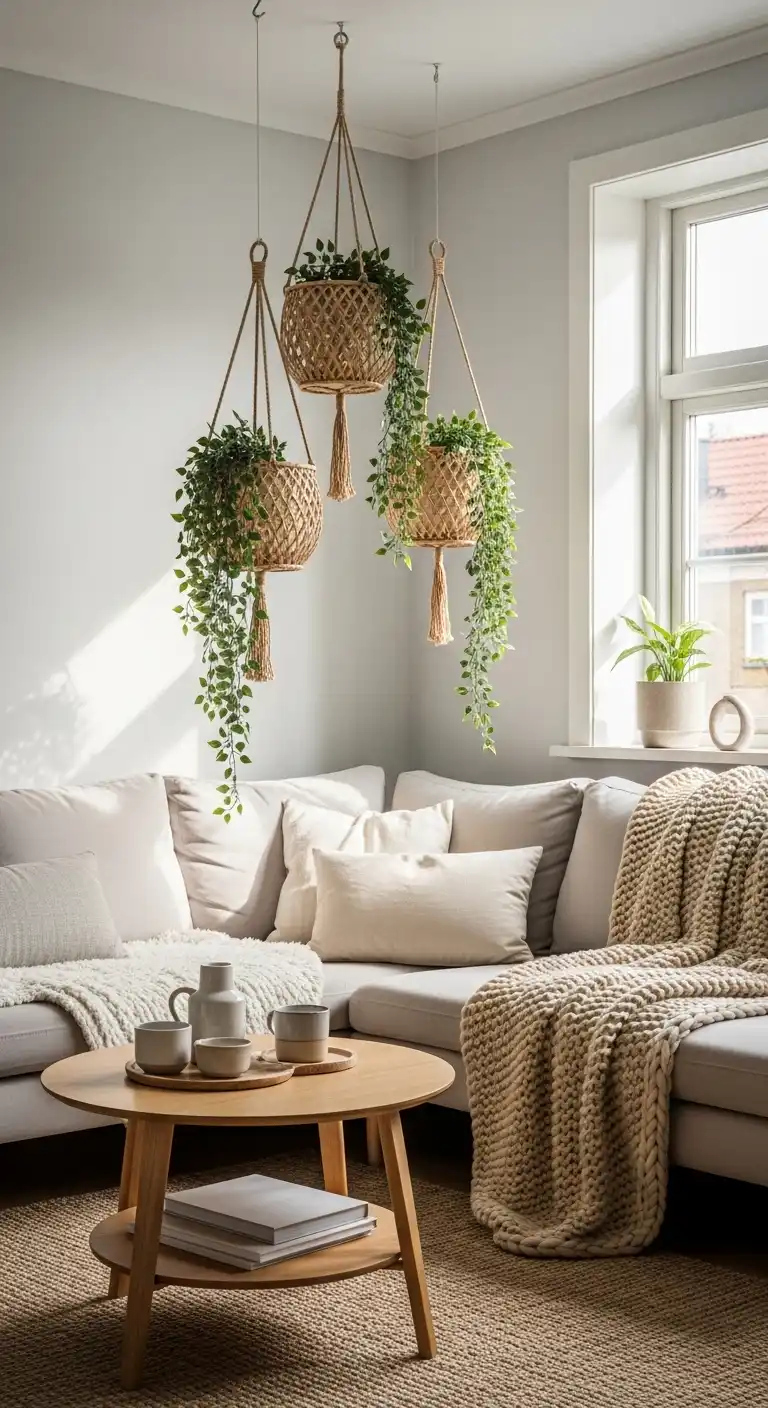Scandinavian Boho Ideas to Create a Warm Minimalist Space 13 11. Hanging Rattan Planters