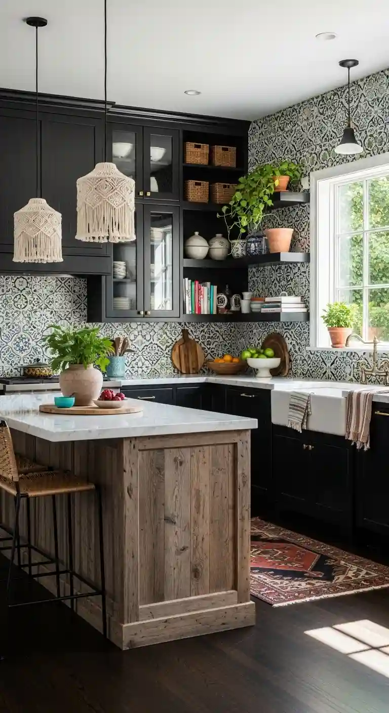 35 Boho Kitchen Black Cabinet Ideas to Elevate Your Space 13 11. Incorporate Patterned Backsplashes