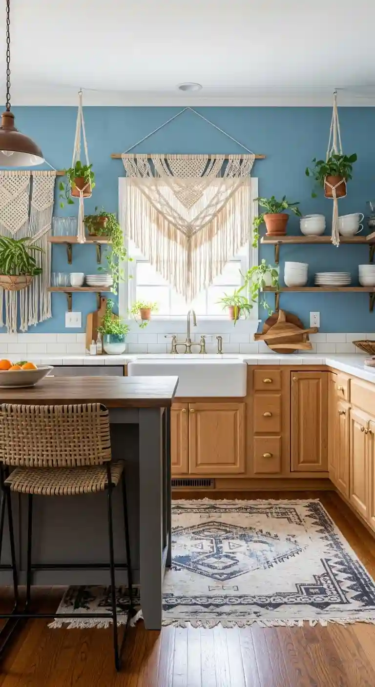 32 Boho Kitchen Blue Color Schemes for a Chic, Vibrant Look 13 11. Sky Blue Walls with Macramé Decor