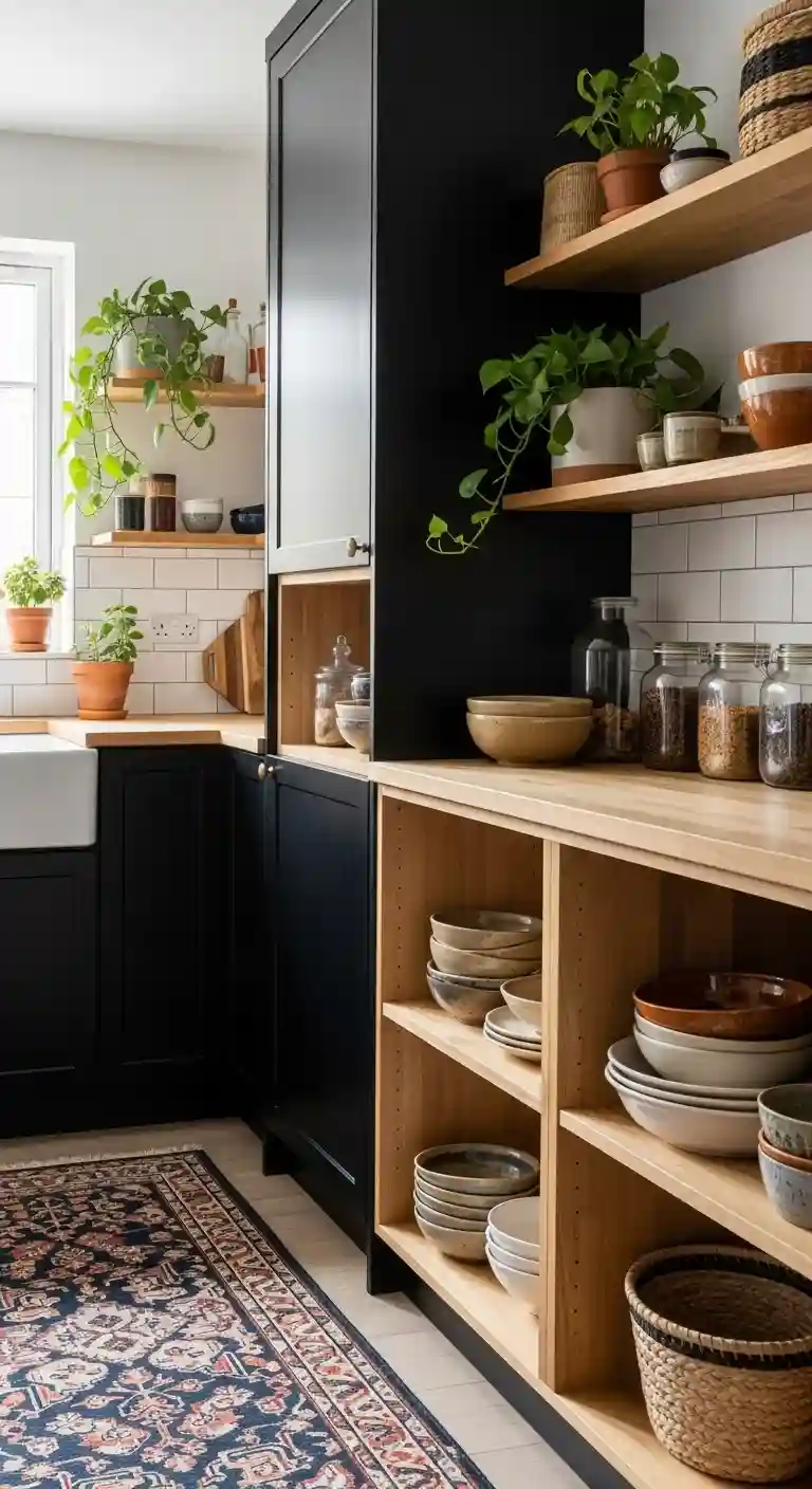 35 Boho Kitchen Black Cabinet Ideas to Elevate Your Space 14 12. Black Cabinets with Open Wood Shelves