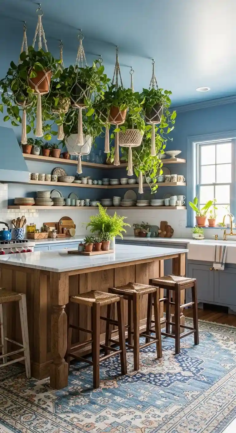 32 Boho Kitchen Blue Color Schemes for a Chic, Vibrant Look 14 12. Blue Painted Ceiling with Hanging Plants