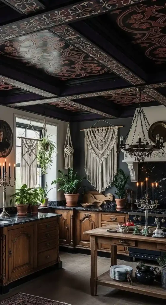 32 Stunning Boho Kitchen Goth Ideas for Dramatic Style 14 12. Dramatic Painted Ceiling Beams