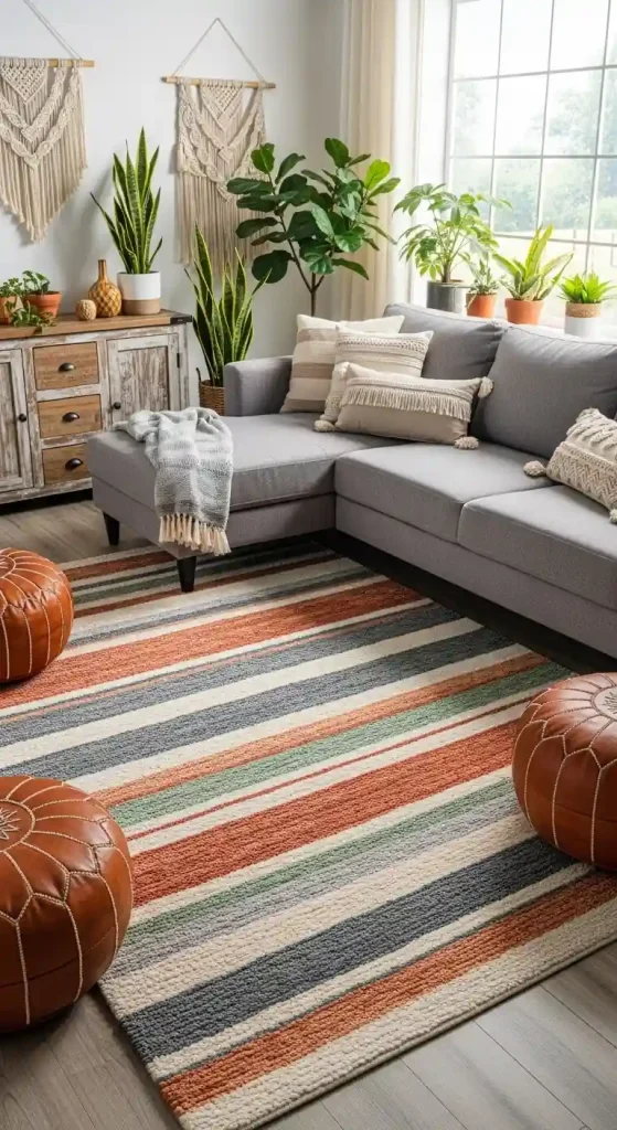 Chic Boho Living Room Rug Ideas for a Grey Couch – 35 Inspiring Looks 13 12. Earth-Toned Striped Rugs