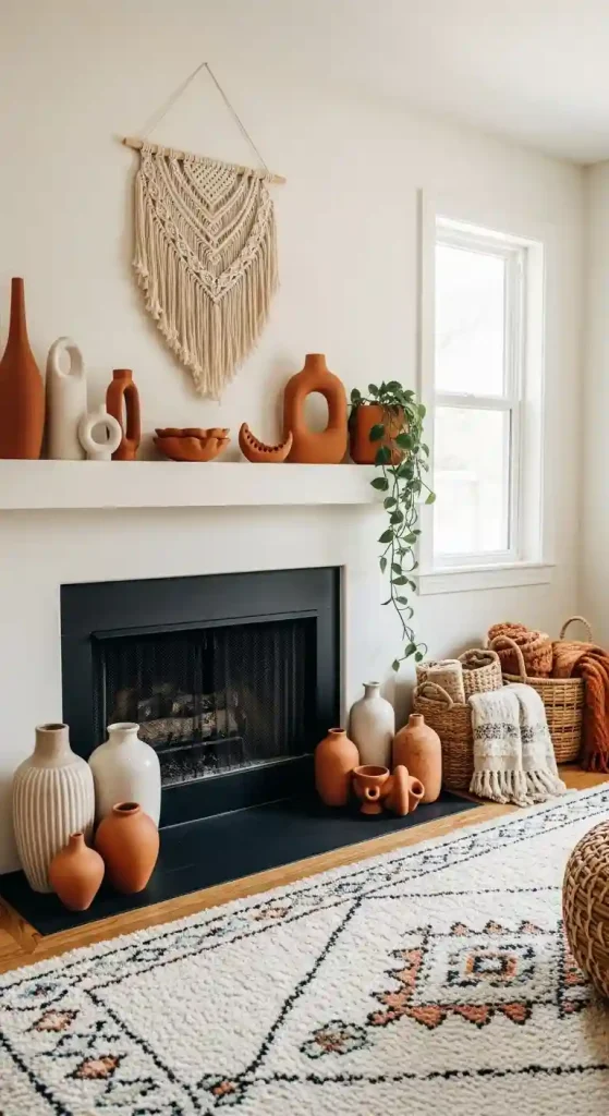 34 Stunning Boho Living Room Fireplace Decor Ideas to Inspire 13 12. Terracotta Accents