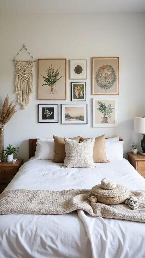 Grey Boho Bedroom Ideas: 29 Chic Neutrals with a Touch of Bohemian Flair 6 Grey Boho Bedroom Ideas: 29 Chic Neutrals with a Touch of Bohemian Flair - 5. Eclectic Wall Art