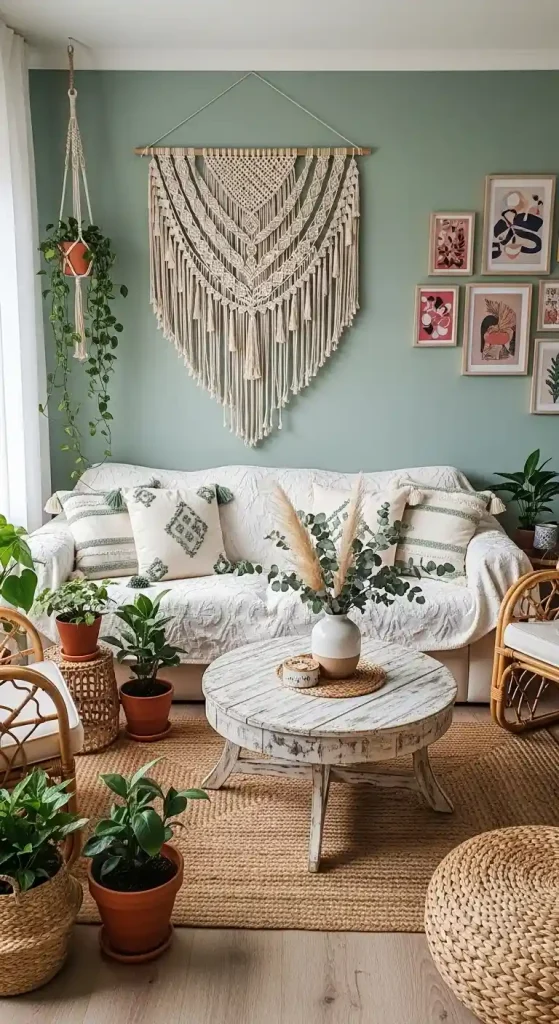 31 Gorgeous Boho Living Room Sage Green Inspirations 13 13. Mix Sage Green with Macramé