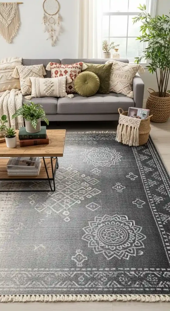 Chic Boho Living Room Rug Ideas for a Grey Couch – 35 Inspiring Looks 14 13. Ombre Effect Rugs