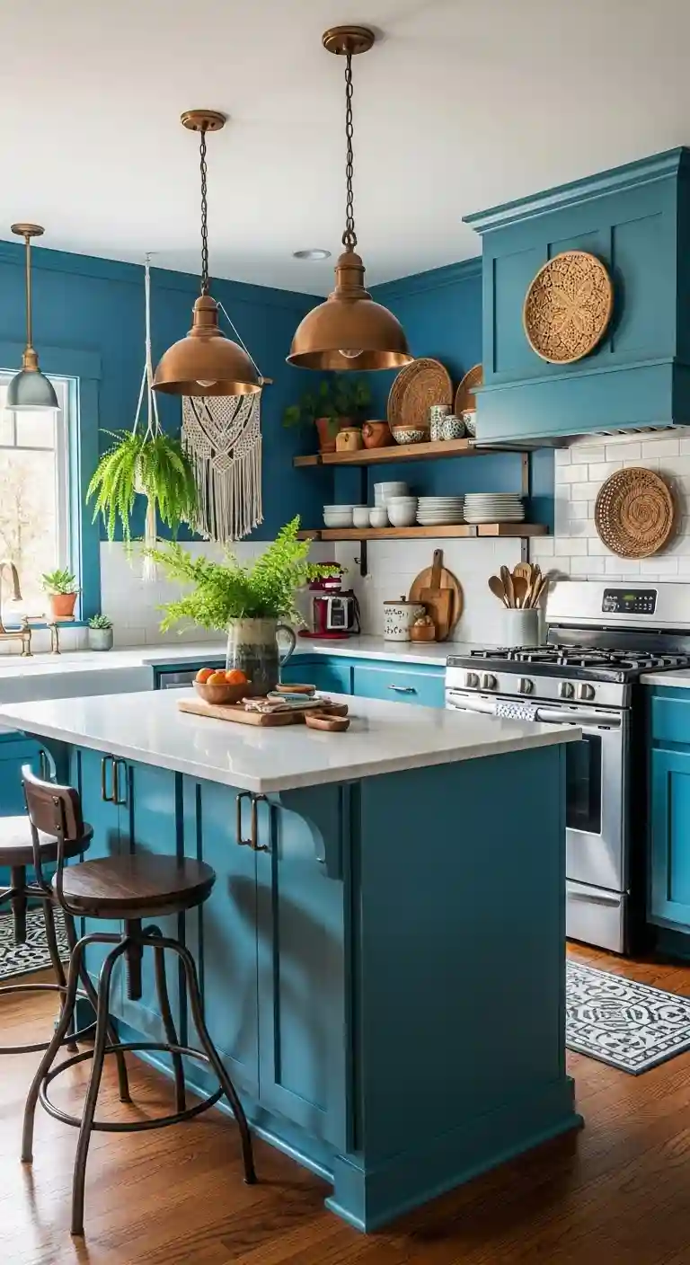 32 Boho Kitchen Blue Color Schemes for a Chic, Vibrant Look 15 13. Teal Kitchen Island with Mixed Metals