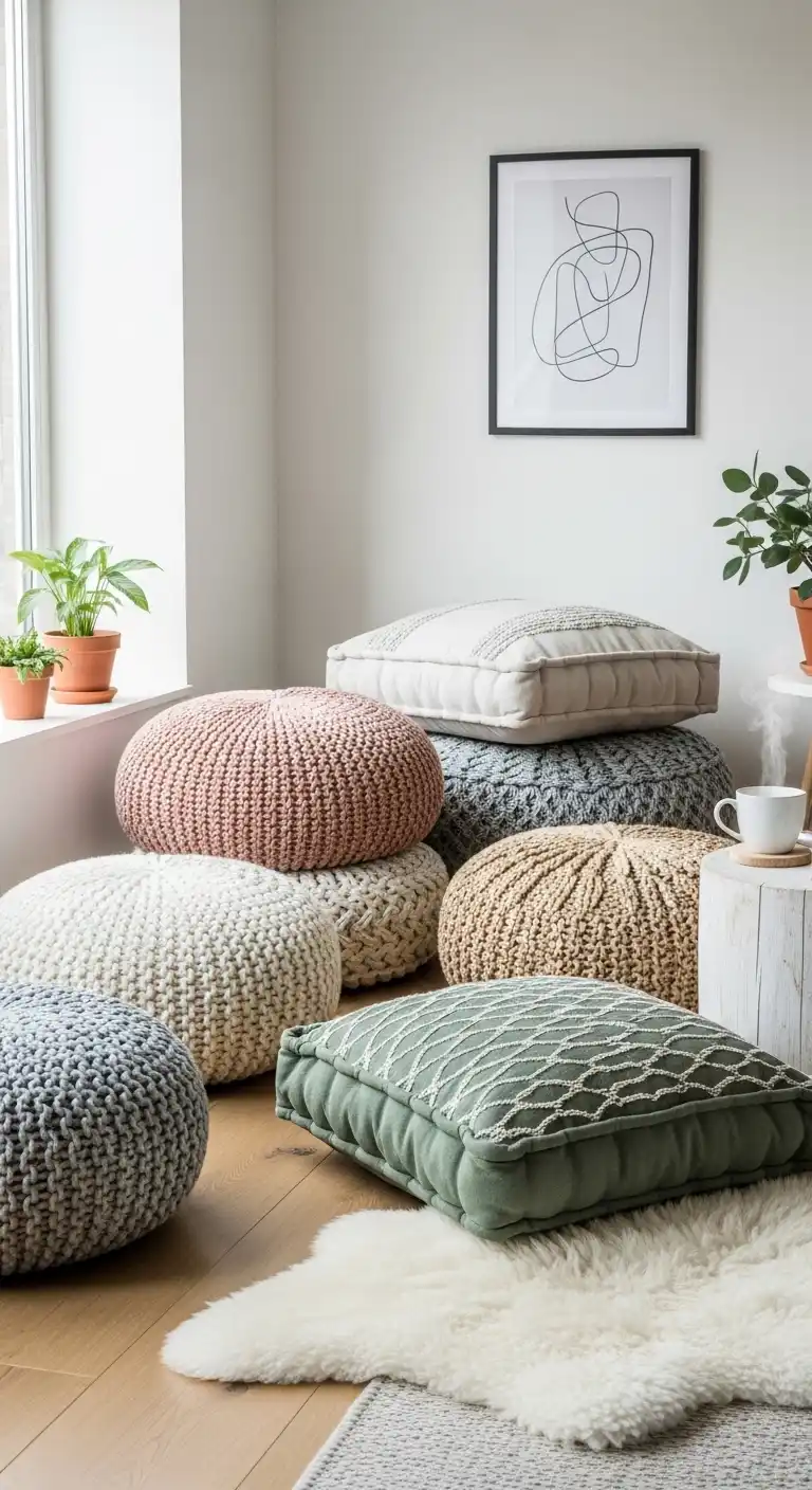 Scandinavian Boho Ideas to Create a Warm Minimalist Space 15 13. Textured Floor Cushions