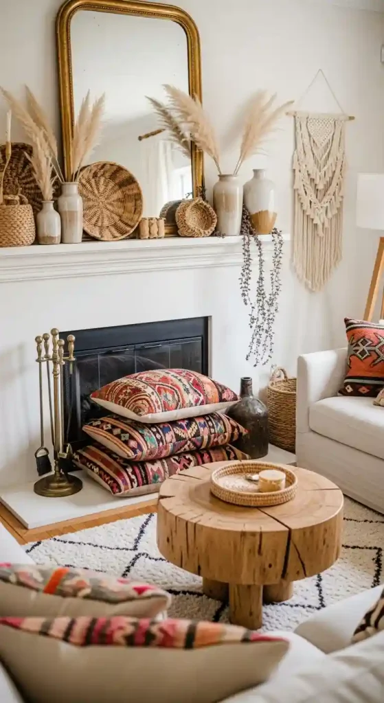 34 Stunning Boho Living Room Fireplace Decor Ideas to Inspire 14 13. Vintage Kilim Pillows