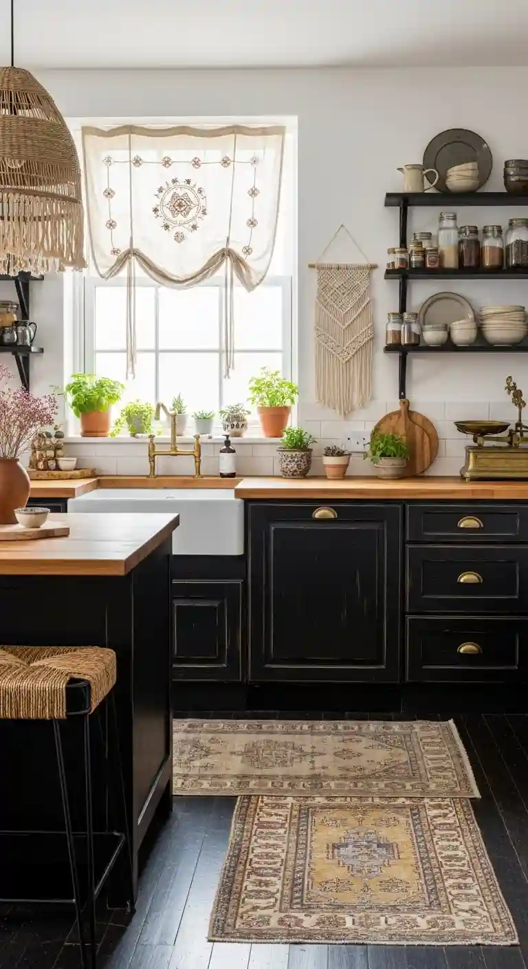 35 Boho Kitchen Black Cabinet Ideas to Elevate Your Space 15 13. Vintage-Style Black Cabinets