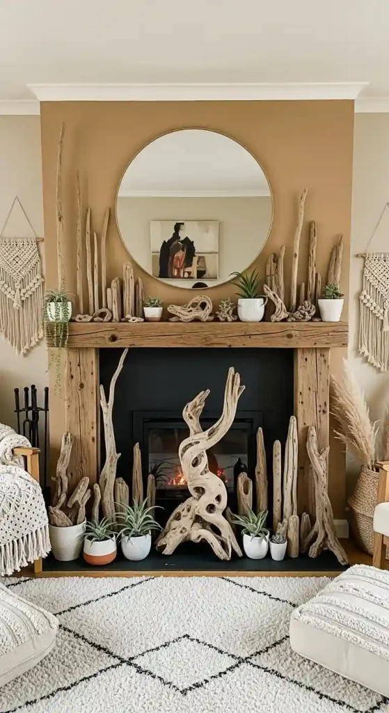 34 Stunning Boho Living Room Fireplace Decor Ideas to Inspire 15 14. Driftwood Decor