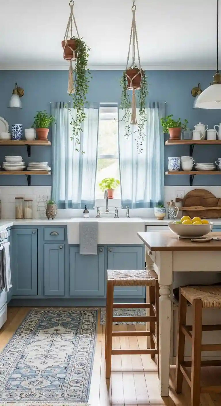 32 Boho Kitchen Blue Color Schemes for a Chic, Vibrant Look 16 14. Light Blue Linen Curtains