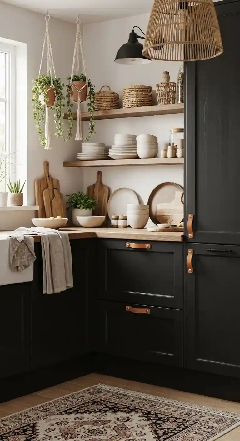 35 Boho Kitchen Black Cabinet Ideas to Elevate Your Space 16 14. Matte Black Cabinet Handles with Leather Pulls
