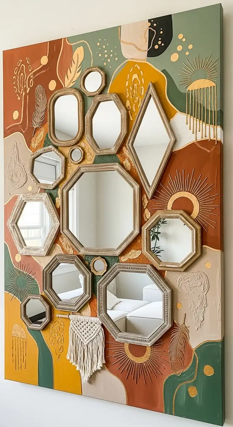 Inspiring Boho Abstract Wall Art Ideas for Your Home 16 14. Multi-Mirror Assemblage