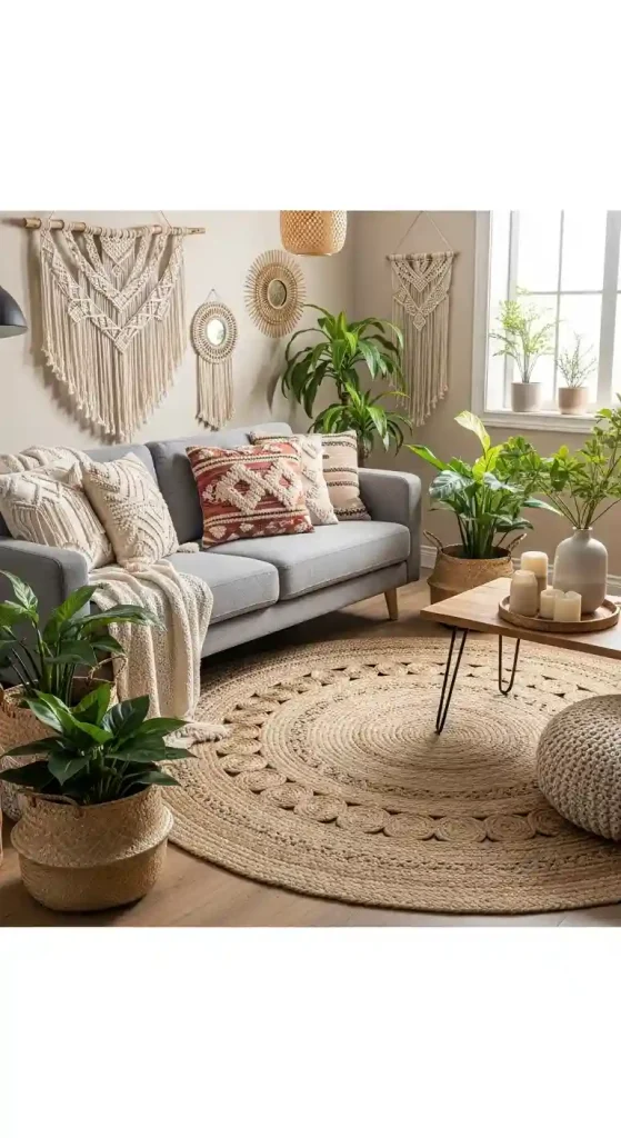 Chic Boho Living Room Rug Ideas for a Grey Couch – 35 Inspiring Looks 15 14. Natural Fiber Round Rugs