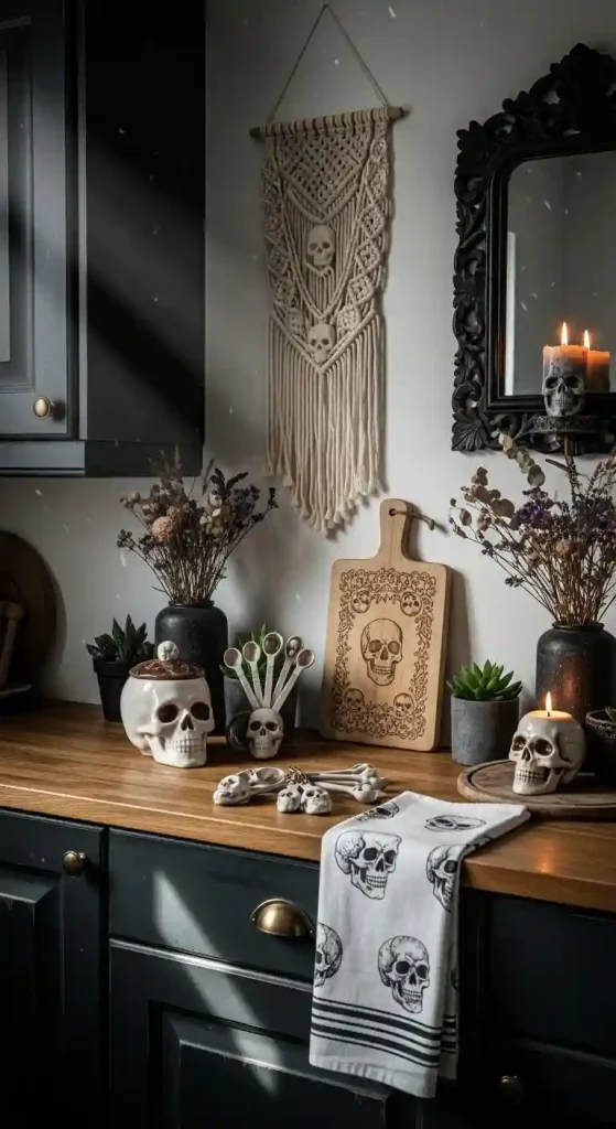 32 Stunning Boho Kitchen Goth Ideas for Dramatic Style 16 14. Skull Motif Kitchen Accessories