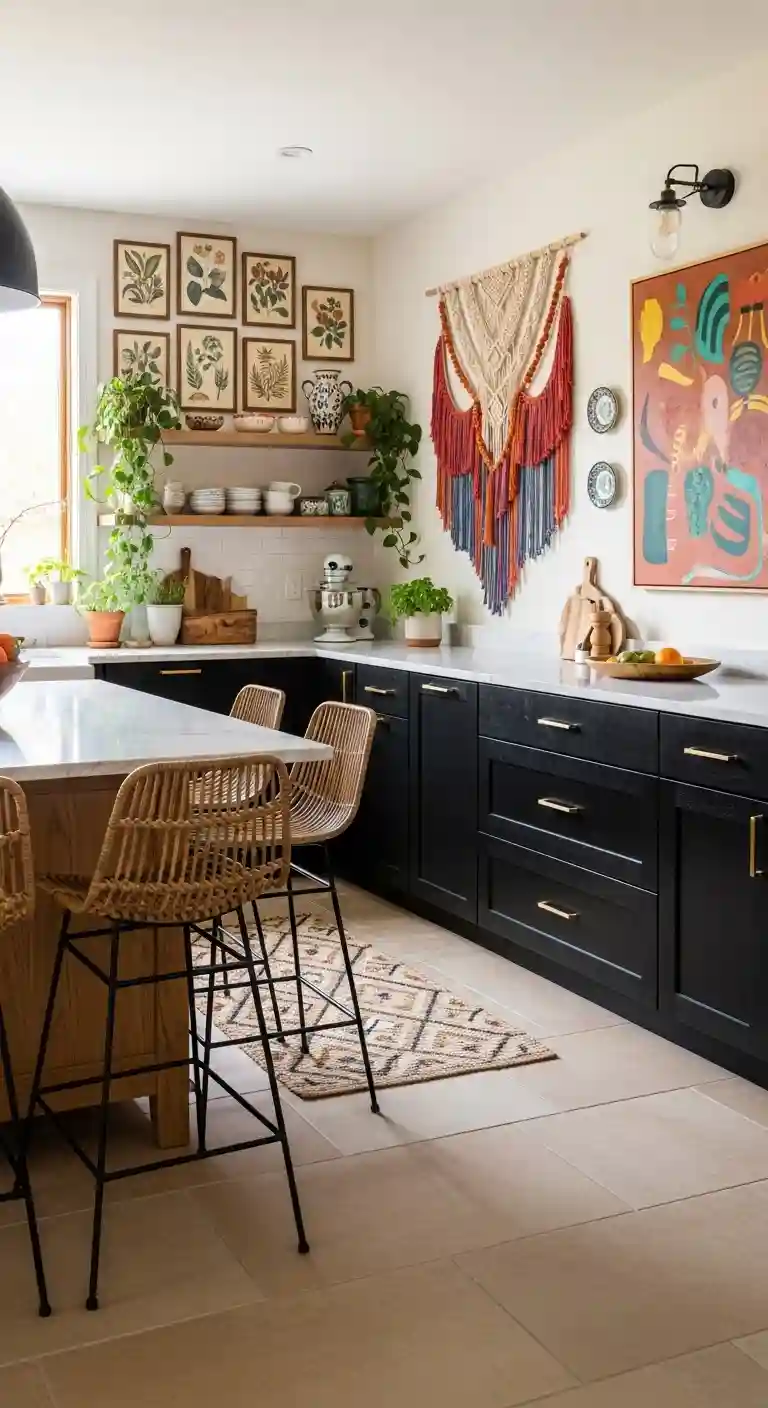 35 Boho Kitchen Black Cabinet Ideas to Elevate Your Space 17 15. Black Cabinets with Statement Art Pieces