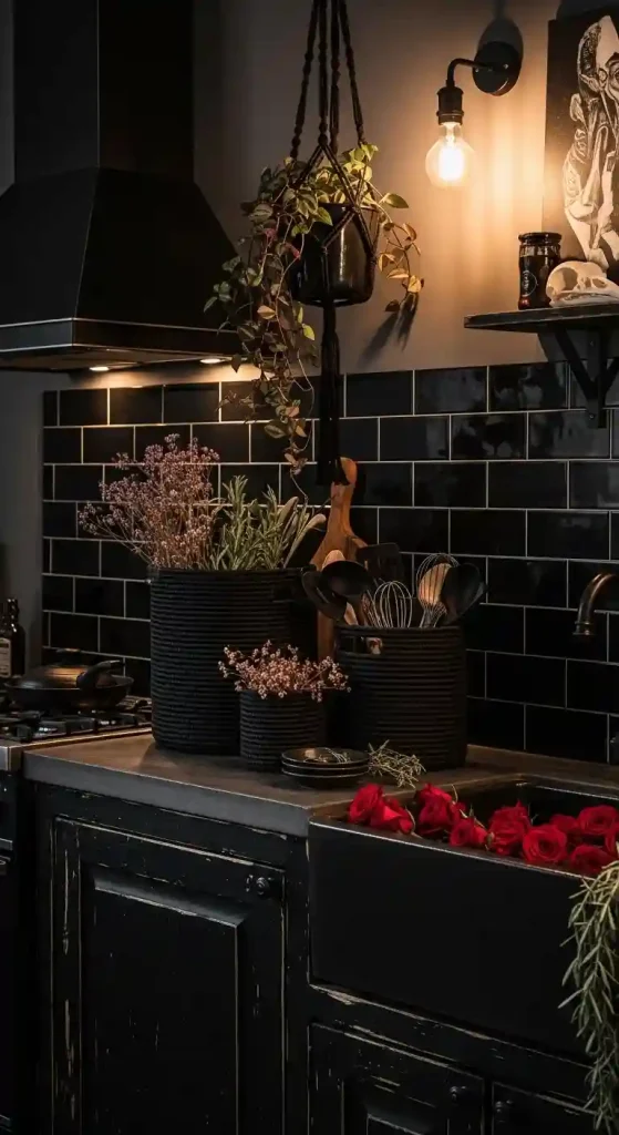 32 Stunning Boho Kitchen Goth Ideas for Dramatic Style 17 15. Black Woven Storage Baskets
