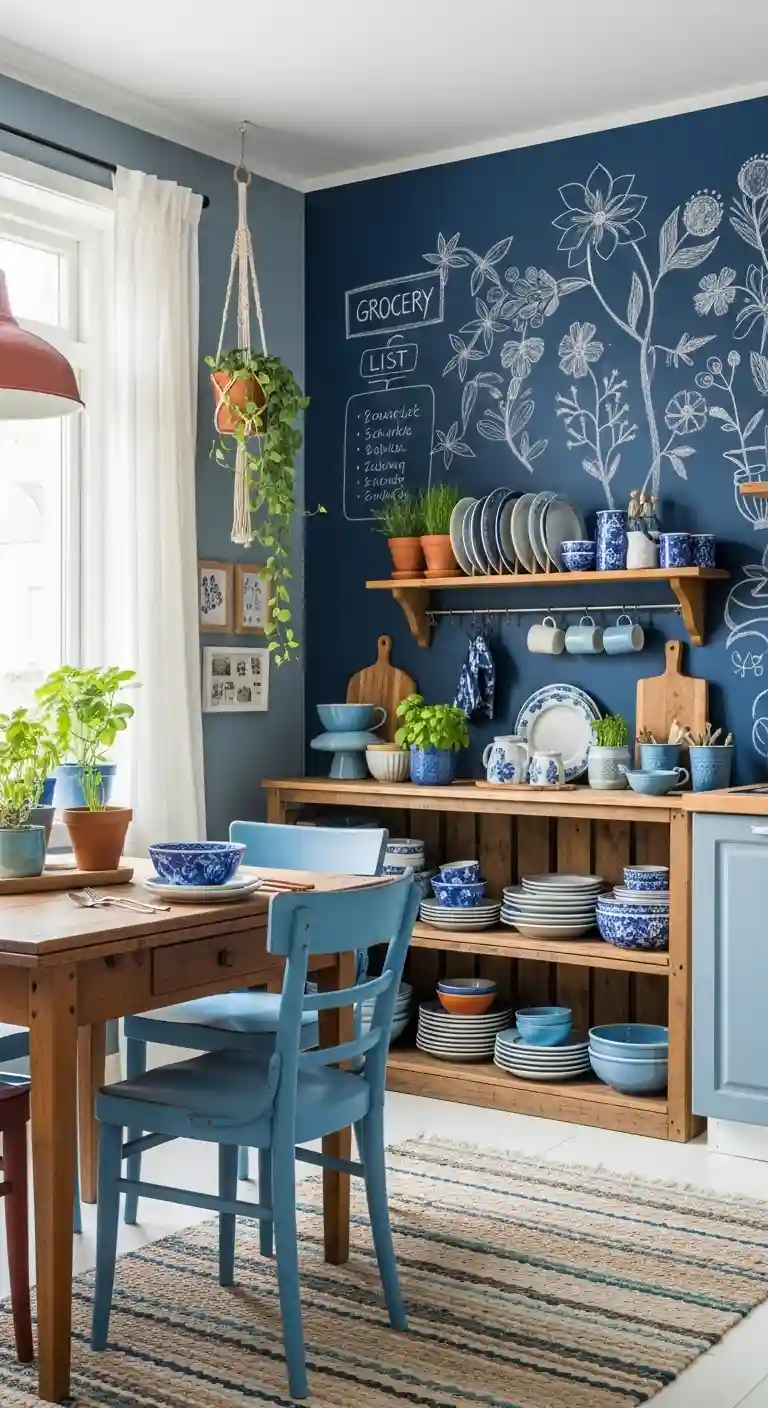 32 Boho Kitchen Blue Color Schemes for a Chic, Vibrant Look 17 15. Blue Chalkboard Wall for Notes and Art
