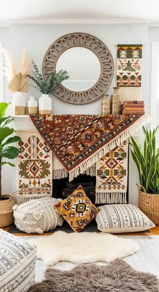34 Stunning Boho Living Room Fireplace Decor Ideas to Inspire 16 15. Embroidered Textiles