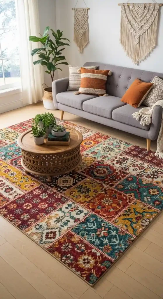 Chic Boho Living Room Rug Ideas for a Grey Couch – 35 Inspiring Looks 16 15. Multi-Colored Patchwork Rugs