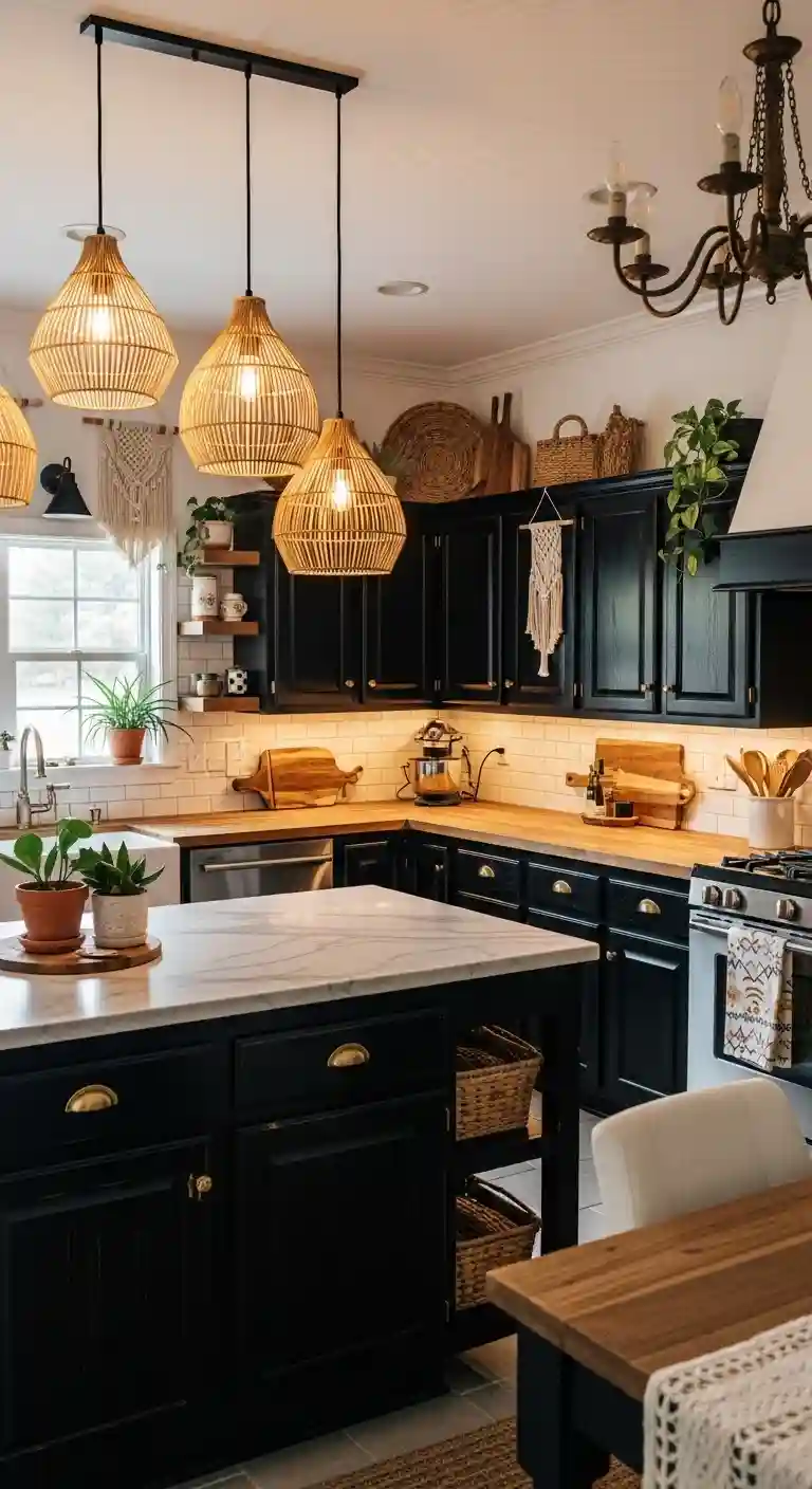 35 Boho Kitchen Black Cabinet Ideas to Elevate Your Space 18 16. Layered Lighting with Pendant and Under-Cabinet Lights