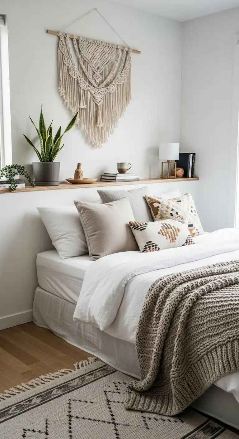 Scandinavian Boho Ideas to Create a Warm Minimalist Space 18 16. Low-Mounted Headboard Ledge