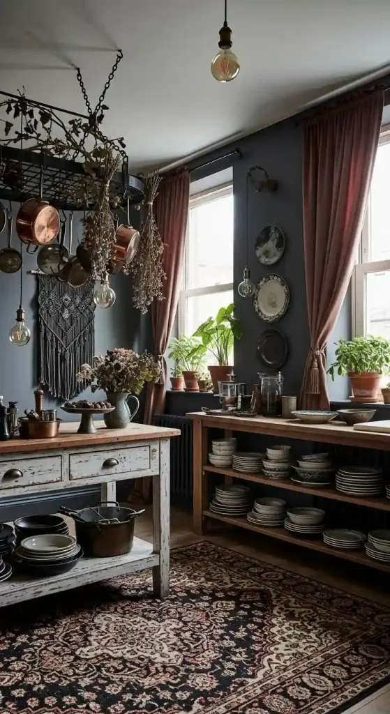 32 Stunning Boho Kitchen Goth Ideas for Dramatic Style 18 16. Wrought Iron Hanging Pot Racks