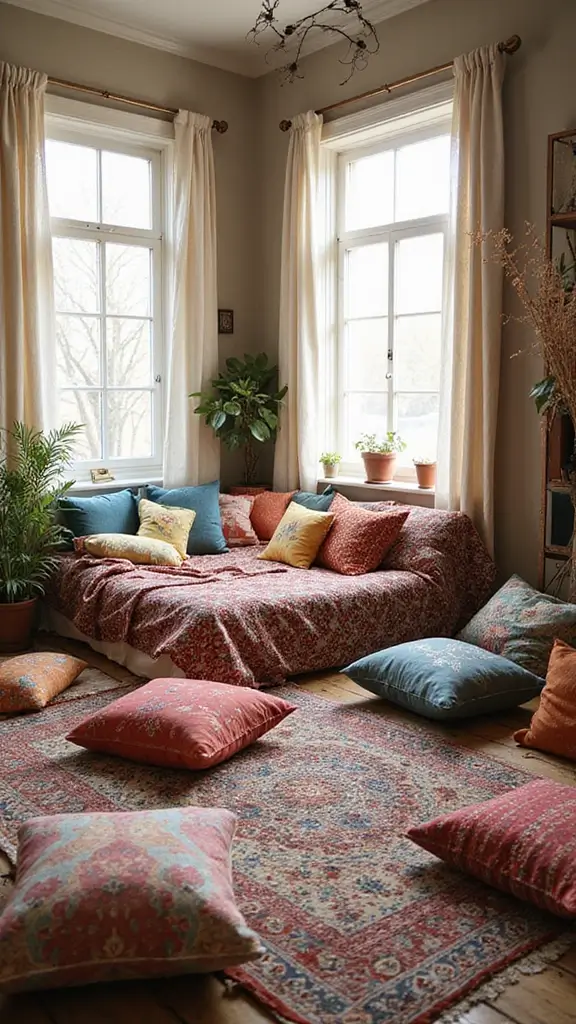 Colorful Boho Bedroom Ideas: 28 Playful Designs Bursting with Personality 22 Colorful Boho Bedroom Ideas: 28 Playful Designs Bursting with Personality - 20. Cozy Floor Cushions