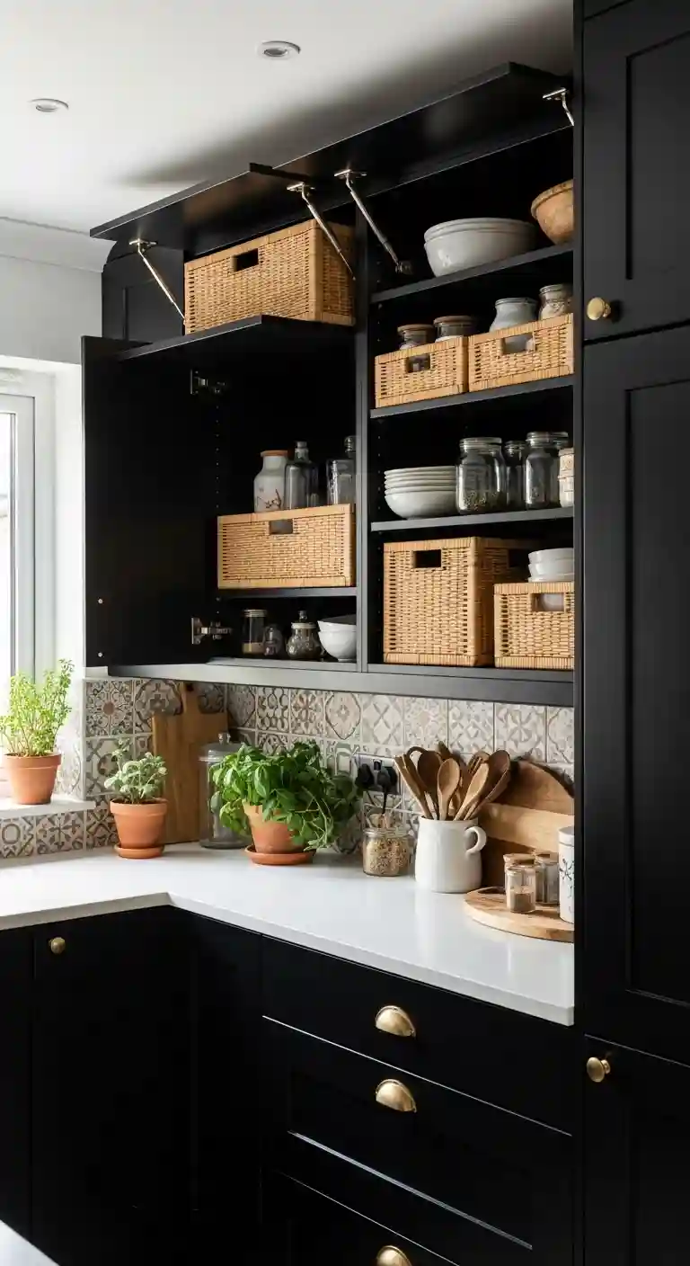 35 Boho Kitchen Black Cabinet Ideas to Elevate Your Space 19 17. Black Cabinets with Open Rattan or Wicker Baskets