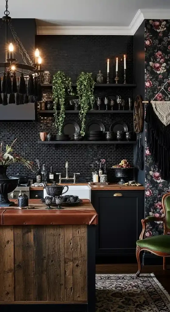 32 Stunning Boho Kitchen Goth Ideas for Dramatic Style 19 17. Black Mosaic Tile Backsplash