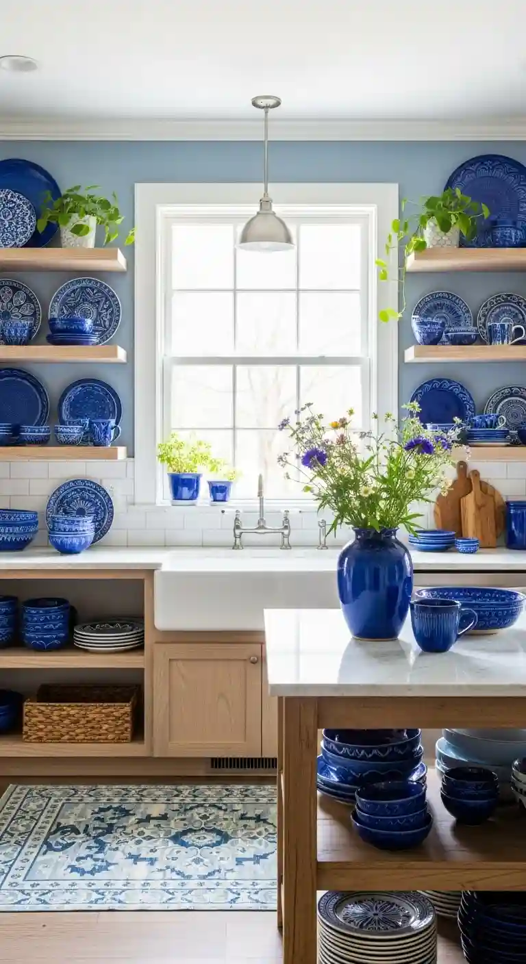 32 Boho Kitchen Blue Color Schemes for a Chic, Vibrant Look 19 17. Blue Ceramic Dinnerware Display