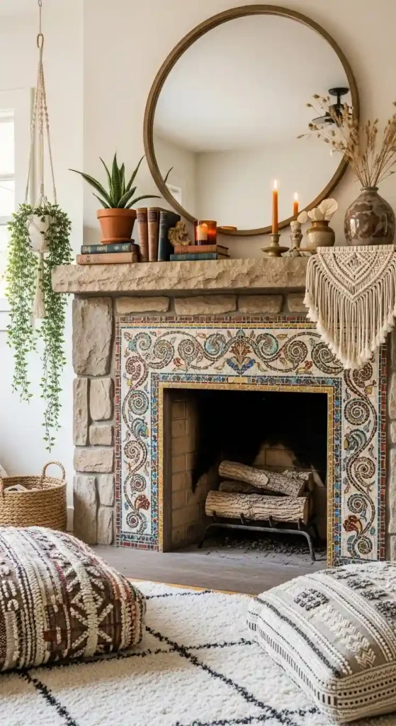 34 Stunning Boho Living Room Fireplace Decor Ideas to Inspire 18 17. Mosaic Tile Inlays