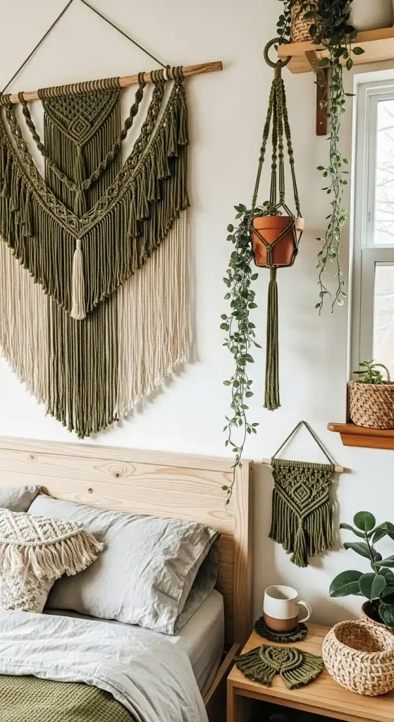 32 Vibrant Boho Living Room Olive Green Ideas for Natural Elegance 18 17. Olive Green Boho Macramé Accents