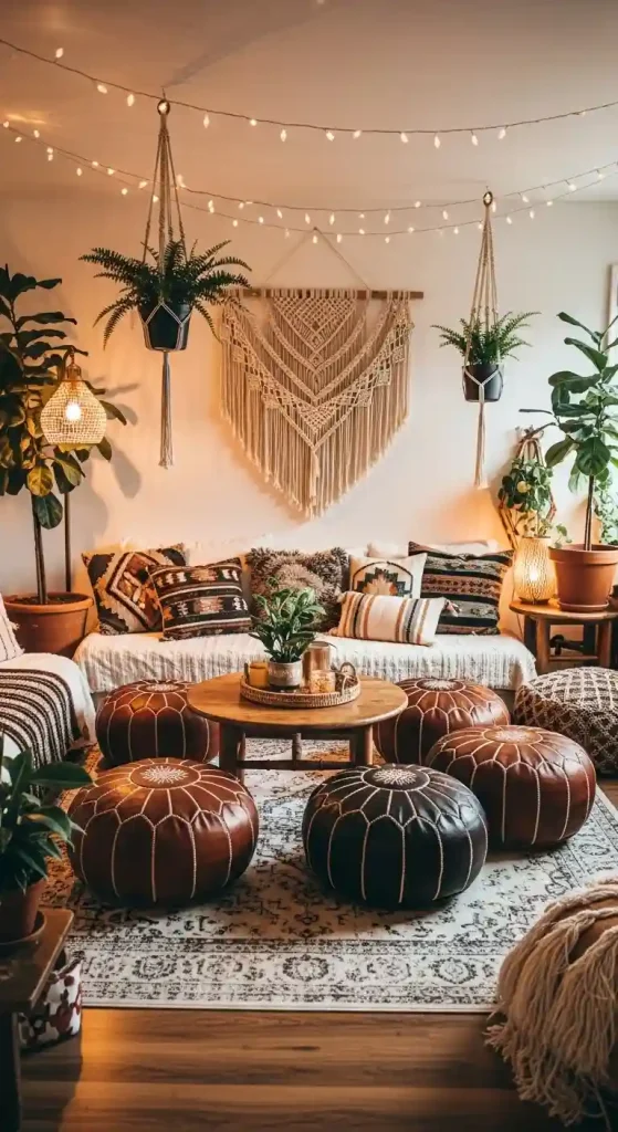 34 Inspiring Boho Living Room Hippie Ideas to Transform Your Space 17 17. Use Moroccan Poufs for Extra Seating