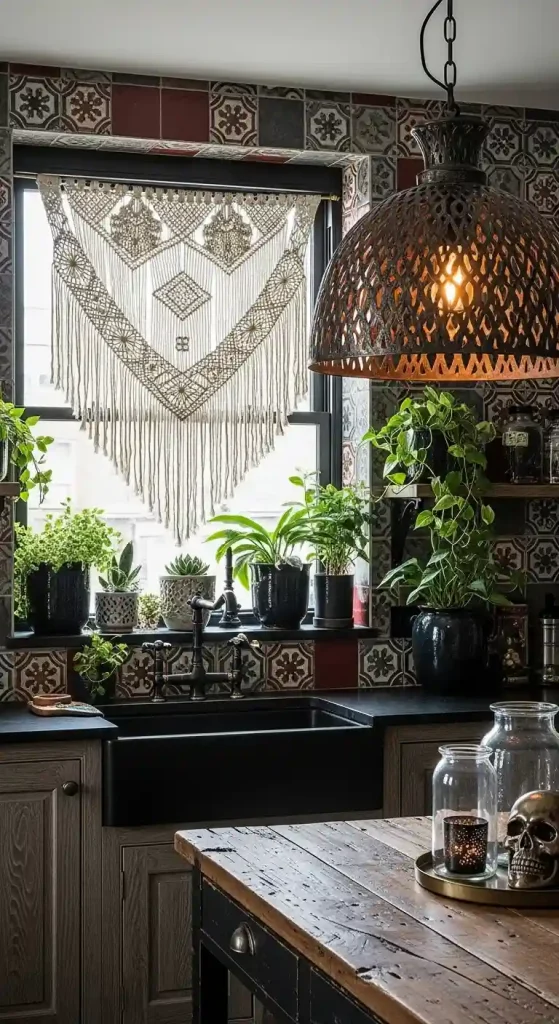 32 Stunning Boho Kitchen Goth Ideas for Dramatic Style 20 18. Dark Metallic Pendant Lighting