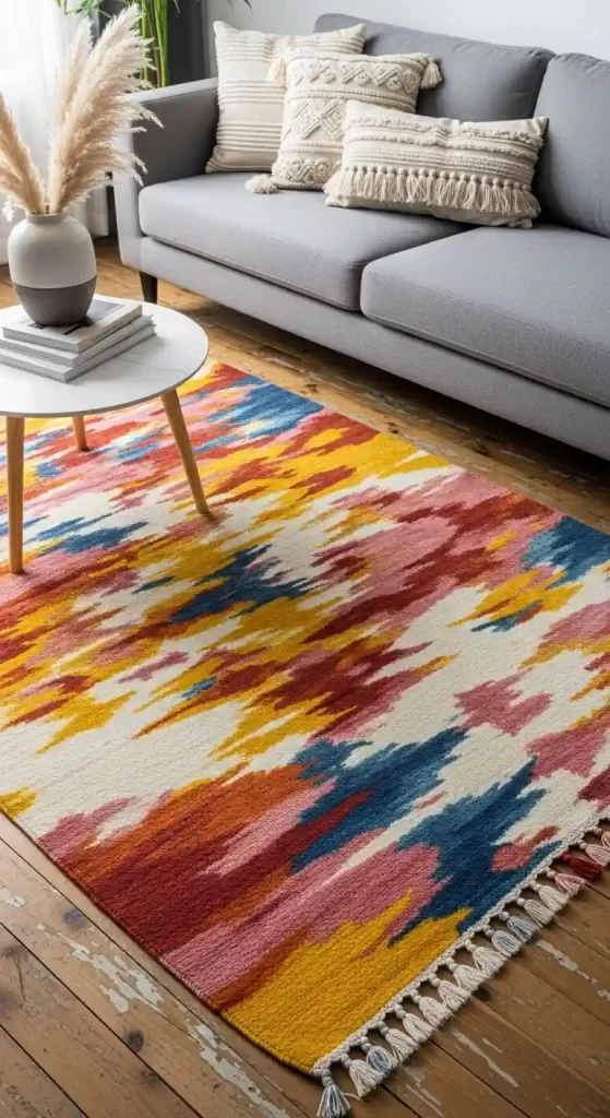 Chic Boho Living Room Rug Ideas for a Grey Couch – 35 Inspiring Looks 19 18. Hand-Dyed Rugs