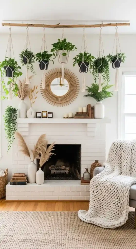 34 Stunning Boho Living Room Fireplace Decor Ideas to Inspire 19 18. Hanging Planters