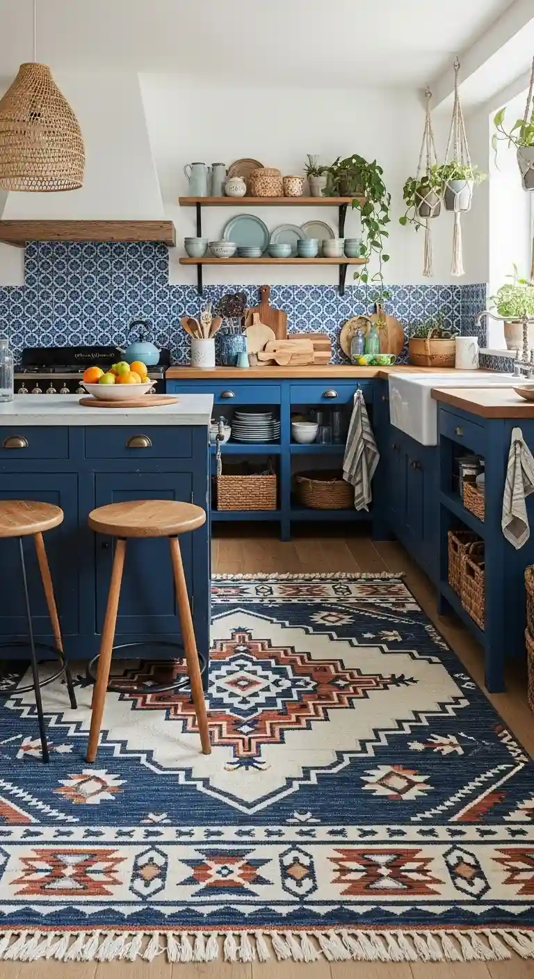 32 Boho Kitchen Blue Color Schemes for a Chic, Vibrant Look 20 18. Navy Blue Rug with Ethnic Patterns