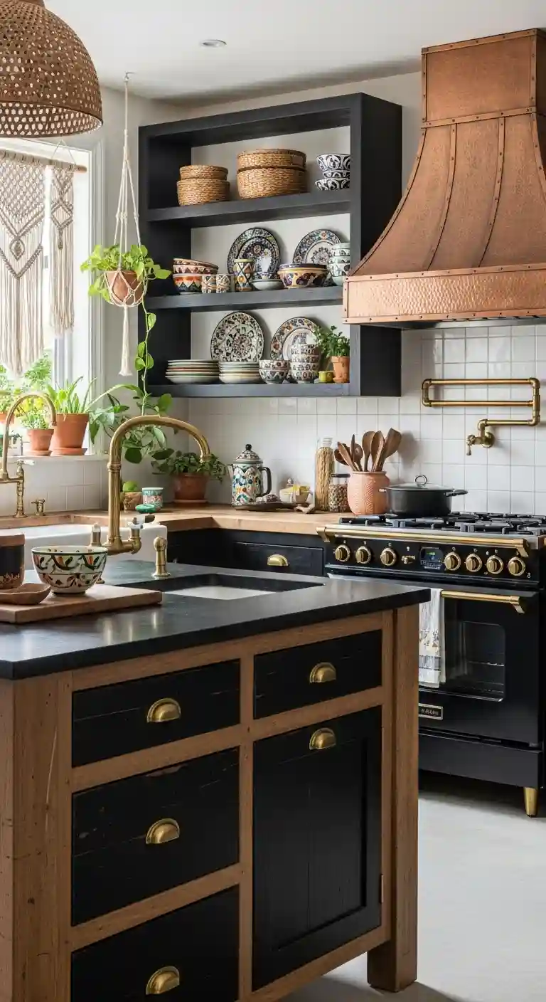 35 Boho Kitchen Black Cabinet Ideas to Elevate Your Space 20 18. Use Bold Metallic Fixtures in Brass or Copper