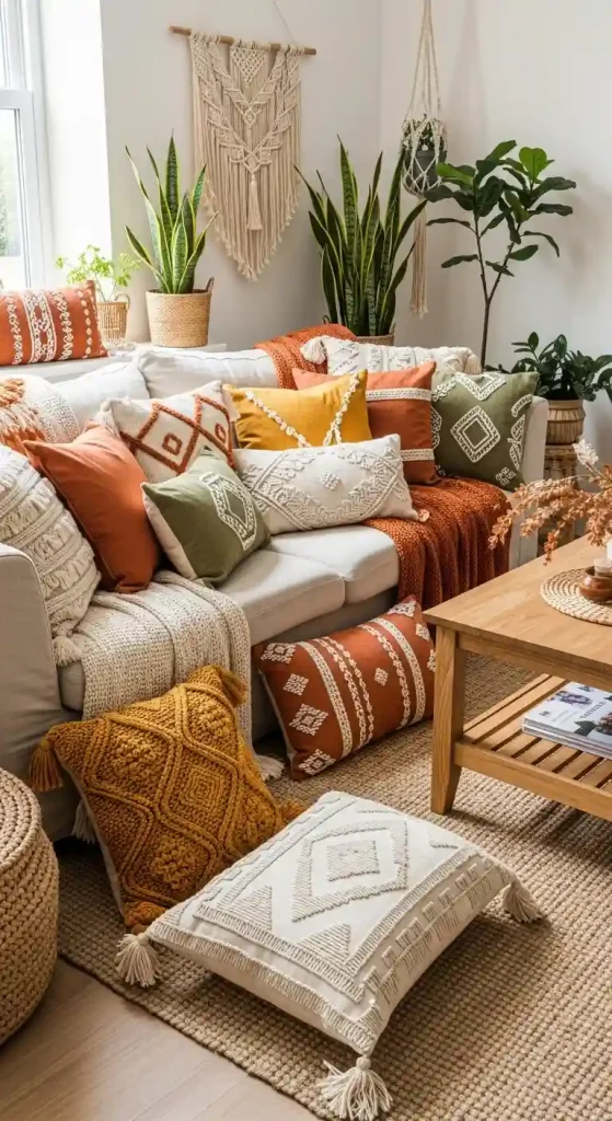 37 Boho Living Room Earthy Tones Ideas to Create Cozy Natural Vibes 19 19. Add Earthy Tone Throw Pillows